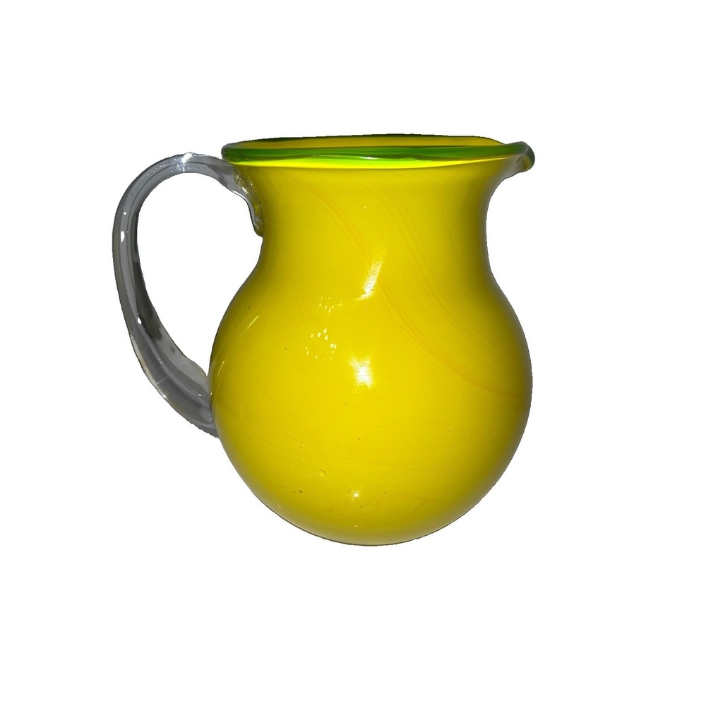 (5)Hand Blown Art Glass Pitcher  Mid Century Yellow And Green